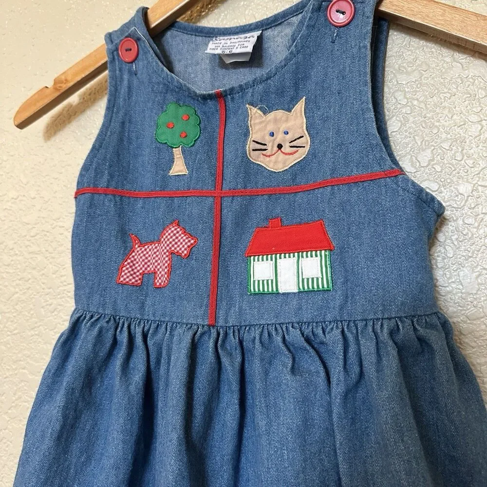 Vintage‎ Girls Denim Dress Samara 6 Kindergarten Tree Cat Dog House